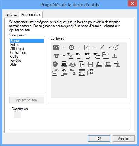 Onglet Personnaliser de la fenêtre Propriétés de la barre d'outils