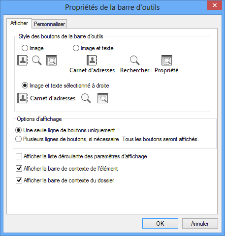 Onglet Afficher de la fenêtre Propriétés de la barre d'outils