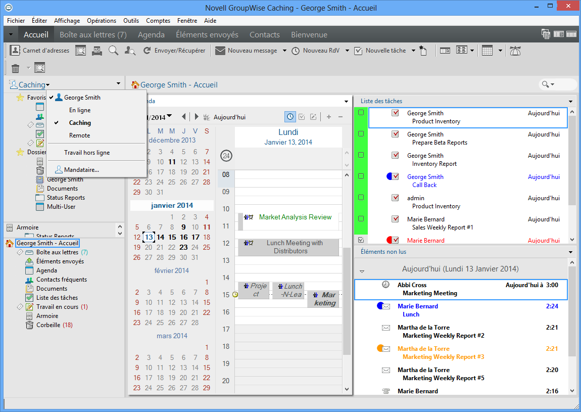 Vue Boîte aux lettres avec Caching sélectionné dans la liste déroulante