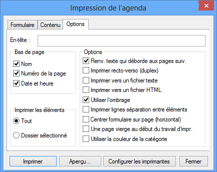 Boîte de dialogue Imprimer l'agenda avec l'onglet Options