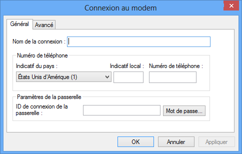 Boîte de dialogue Connexion au modem avec l'onglet Général