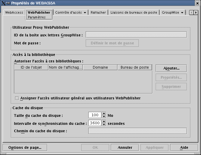 Page de proprits de WebPublisher
