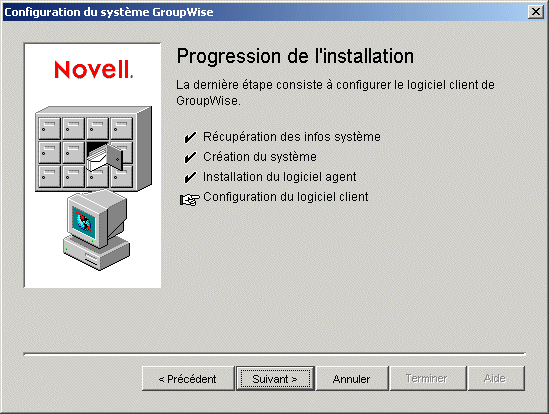 Page Progression de l'installation : Configuration du logiciel client  