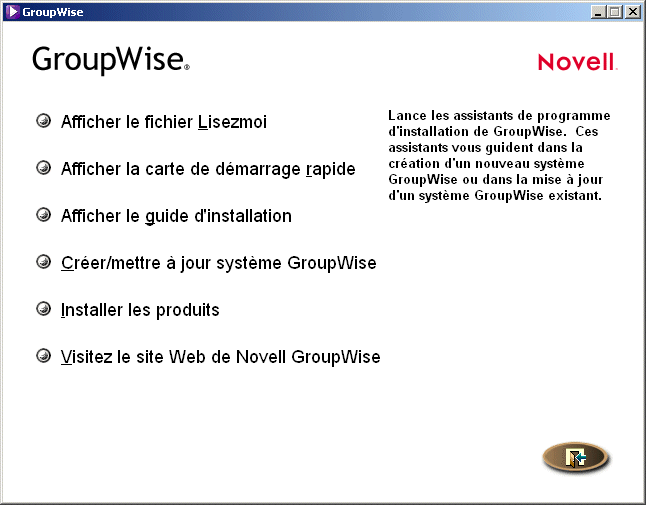 Fentre principale d'installation de GroupWise