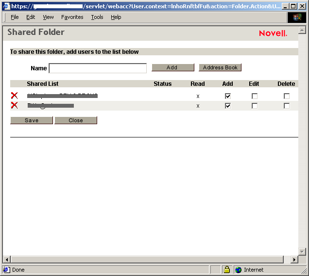 Vue Droits d'accs au dossier partag