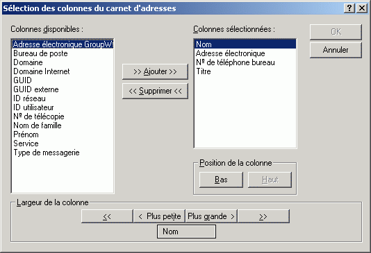 Bote de dialogue Slection des colonnes du carnet d'adresses
