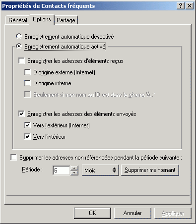 Bote de dialogue des proprits des contacts frquents ouverte sur l'onglet Options