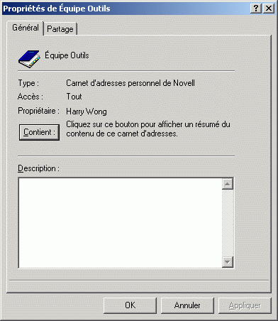 Bote de dialogue Proprits pour un carnet d'adresses ouverte sur l'onglet Gnral