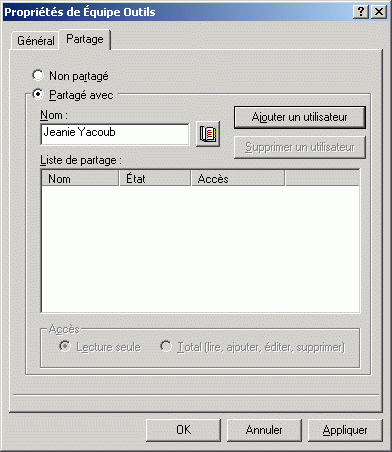 Bote de dialogue Proprits pour un carnet d'adresses ouverte sur l'onglet Partage