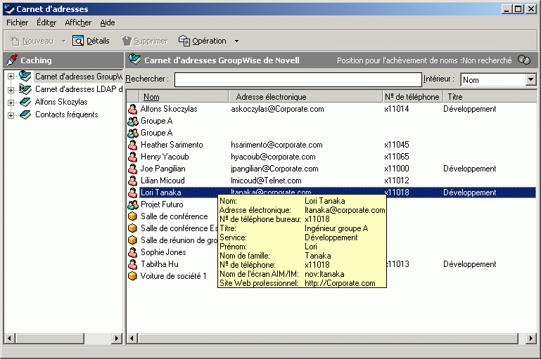 Carnet d'adresses avec affichage des informations sur un utilisateur