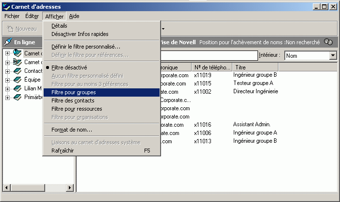 Carnet d'adresses avec le menu Afficher ouvert
