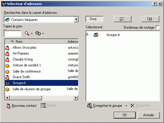 Slecteur d'adresses affichant un groupe