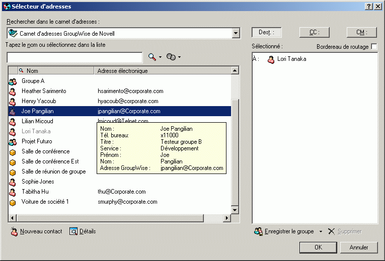 Sélecteur d'adresses avec affichage des informations sur un utilisateur