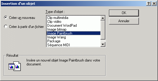 Bote de dialogue Insrer un objet