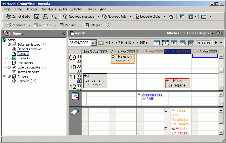 Vue Agenda affichant la vue Semaine