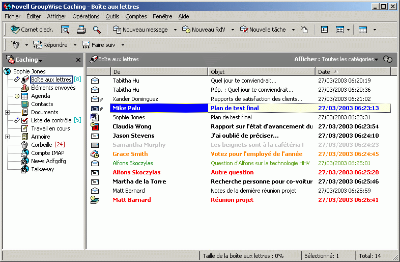 Bote aux lettres affichant les lments avec des catgories