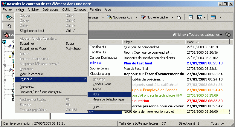 Vue Bote aux lettres affichant le sous-menu Passer  du menu diter