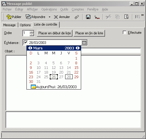Onglet Liste de contrle affichant l'agenda des chances