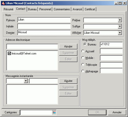 Bote de dialogue Contacts