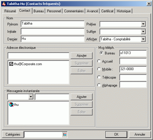 Bote de dialogue des proprits du contact avec l'onglet Contact slectionn
