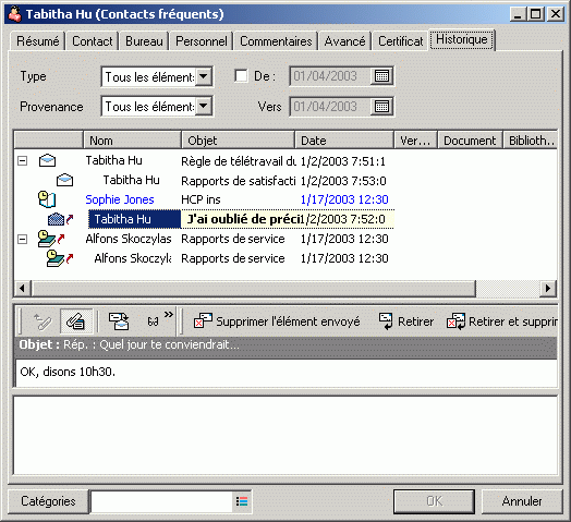 Bote de dialogue des proprits du contact avec l'onglet Historique slectionn