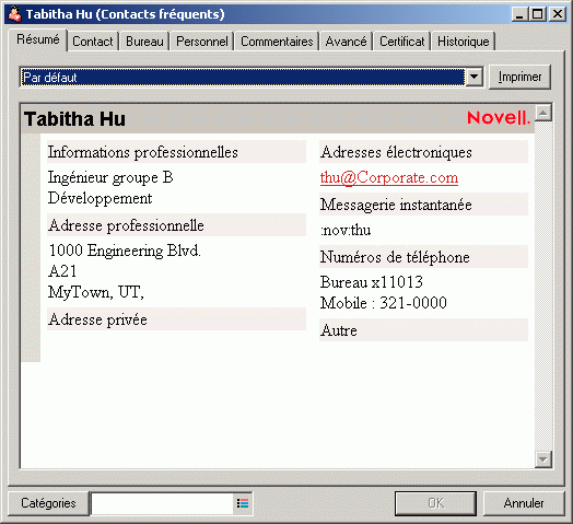 Bote de dialogue des proprits du contact avec l'onglet Rsum slectionn