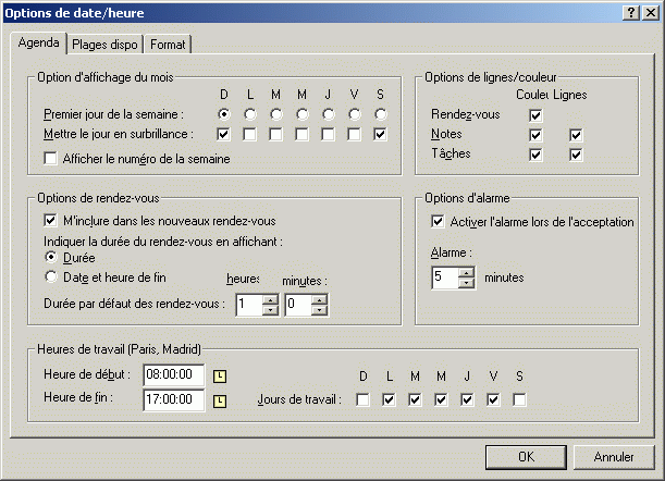 Bote de dialogue Options de date/heure ouverte sur l'onglet Agenda