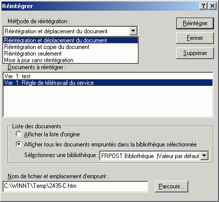 Bote de dialogue Rintgrer avec l'option Rintgration et dplacement du document slectionne dans la liste droulante