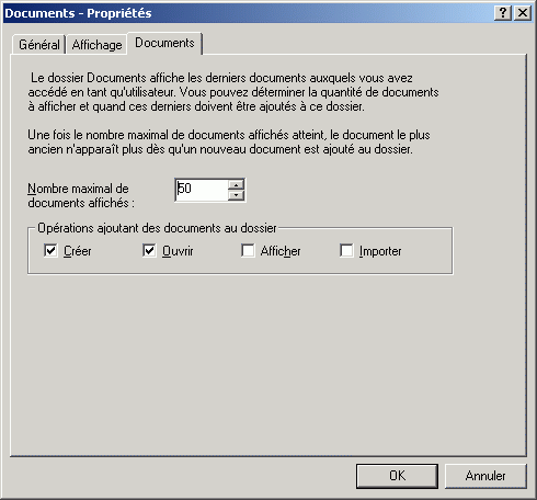 Bo�te de dialogue Propri�t�s du document ouverte sur l'onglet Documents