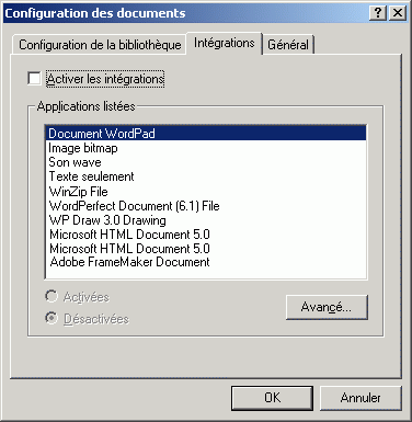 Bote de dialogue Configuration des documents ouverte sur l'onglet Intgrations