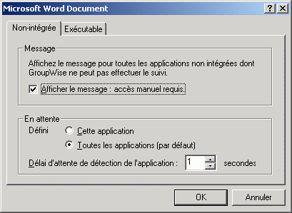 Bote de dialogue Document ouverte sur l'onglet Non intgre