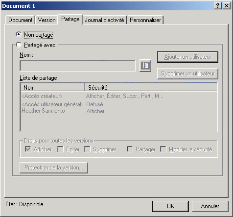 Bote de dialogue Proprits du document ouverte sur l'onglet Partage