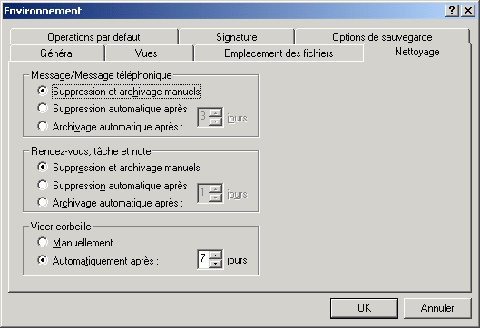 Bote de dialogue Environnement ouverte sur l'onglet Nettoyage