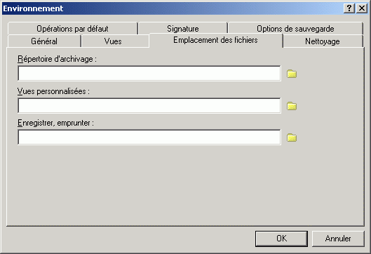 Bote de dialogue Environnement ouverte sur l'onglet Emplacement des fichiers