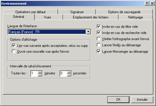 Bote de dialogue Environnement ouverte sur l'onglet Gnral
