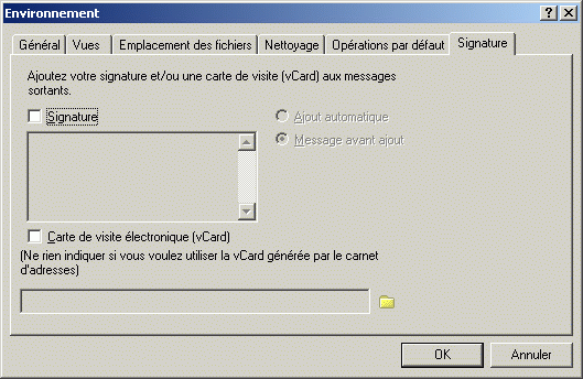 Bo�te de dialogue Environnement ouverte sur l'onglet Signature