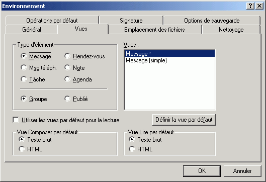 Bote de dialogue Environnement ouverte sur l'onglet Vues