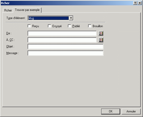 Boîte de dialogue Rechercher ouverte sur l'onglet Trouver par exemple