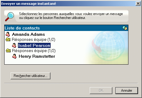 Bote de dialogue Envoyer un message instantan affichant le bouton Rechercher utilisateur