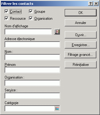 Boîte de dialogue Filtrer les contacts