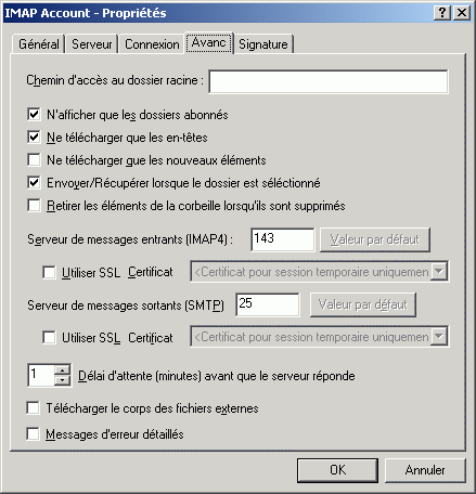 Bote de dialogue Proprits du compte IMAP ouverte sur l'onglet Avanc