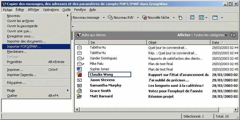 Vue Bote aux lettres affichant l'option Importer POP3/IMAP dans le menu Fichier