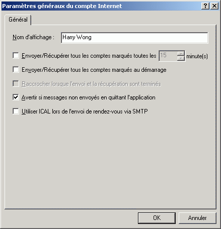 Bote de dialogue Paramtres gnraux du compte Internet