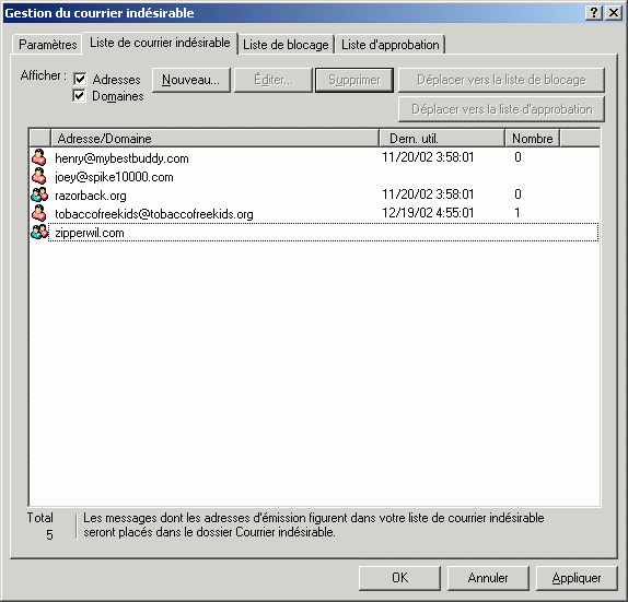 Bote de dialogue Gestion du courrier indsirable affichant l'onglet Liste de courrier indsirable