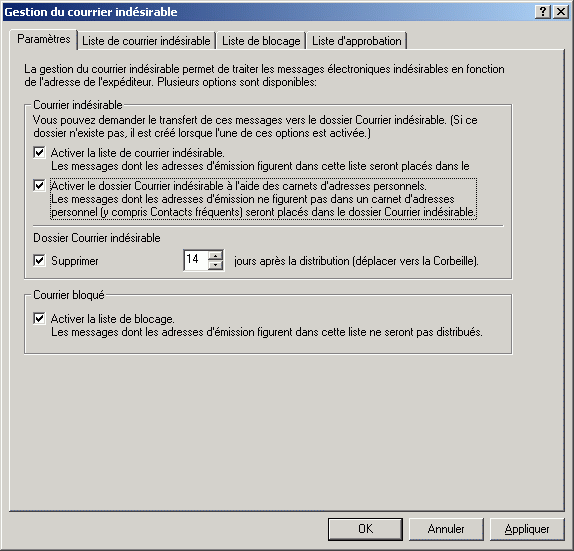 Bote de dialogue Gestion du courrier indsirable affichant l'onglet Paramtres