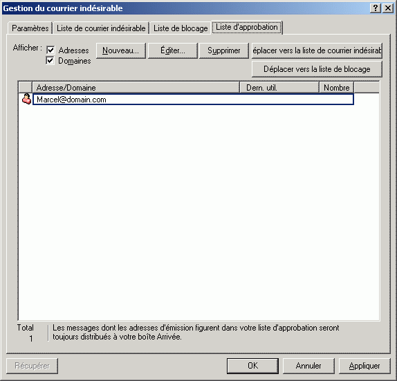 Bote de dialogue Gestion du courrier indsirable affichant l'onglet Liste d'approbation