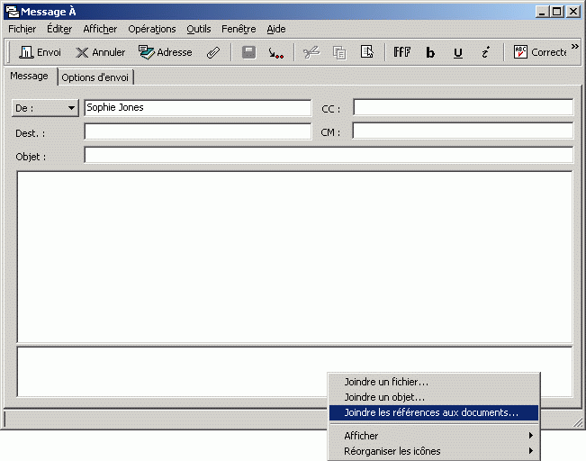 Vue Message affichant le menu dans la zone des pices jointes