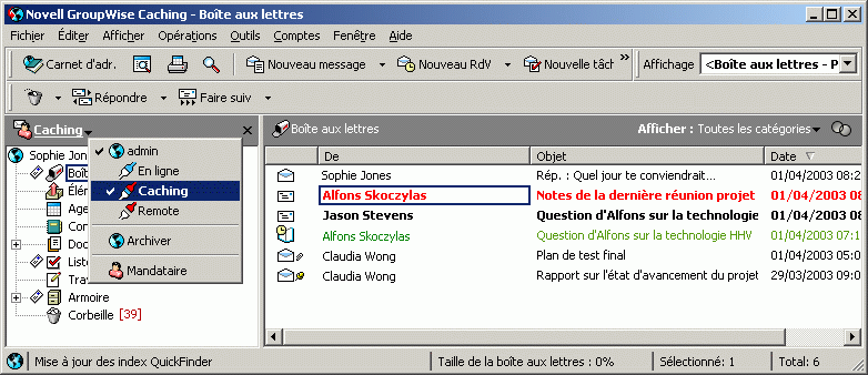 Vue Bo�te aux lettres avec Caching s�lectionn� dans la liste d�roulante