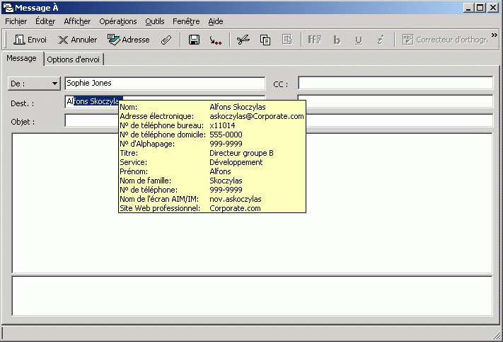 Vue Message avec affichage des informations sur un utilisateur