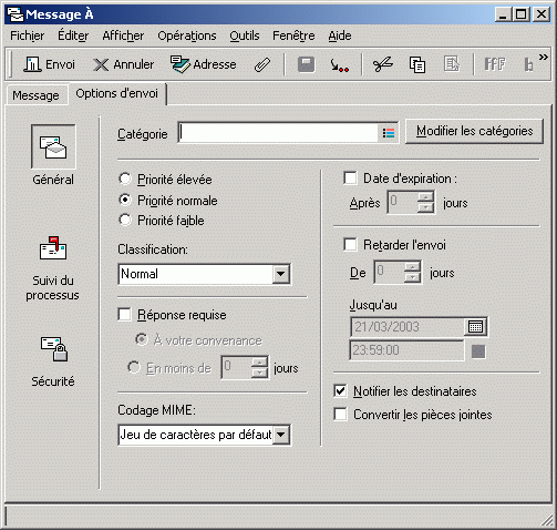 Options d'envoi de la vue Message